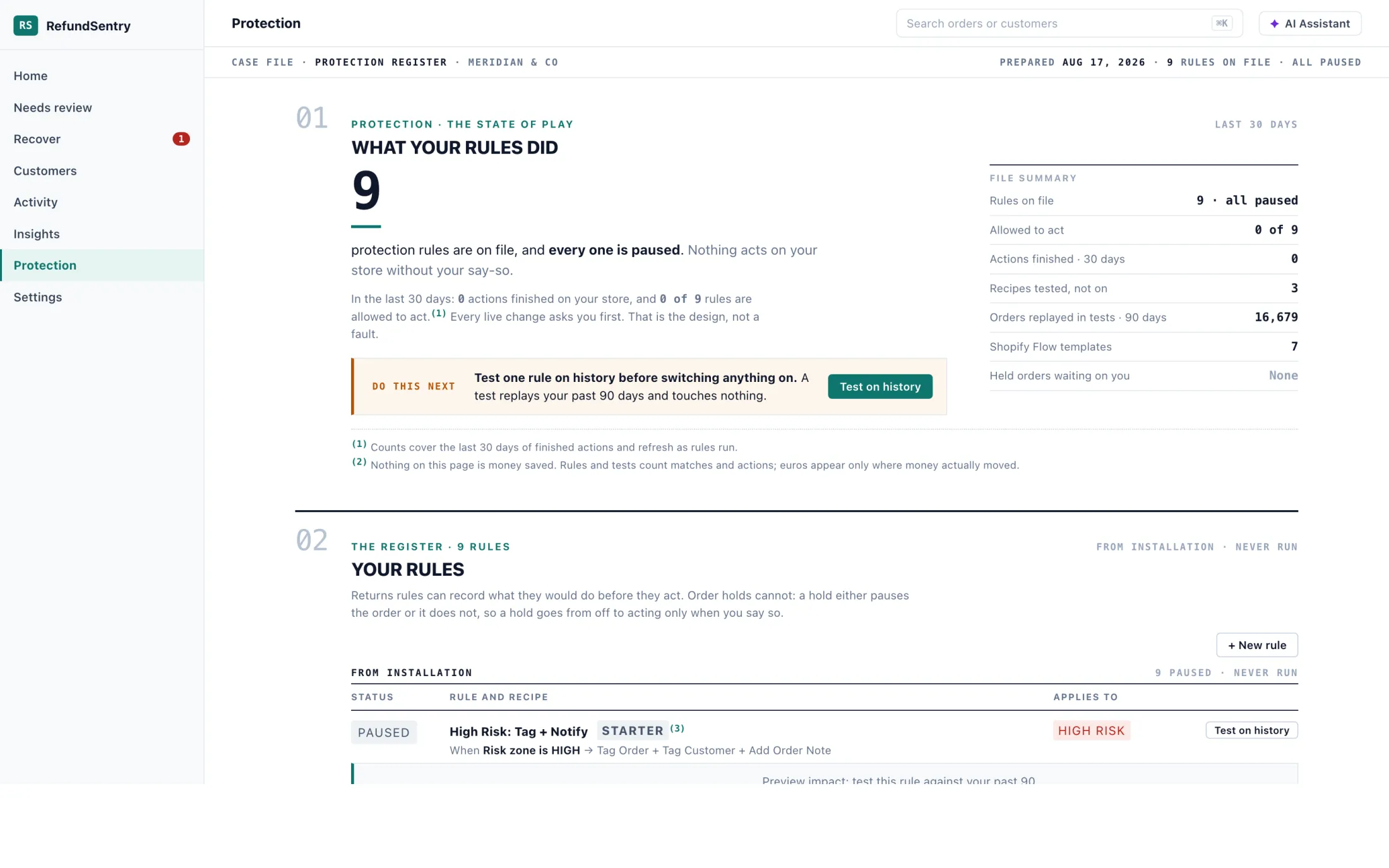 The protection register: every rule on file, what it applies to, and whether it is paused