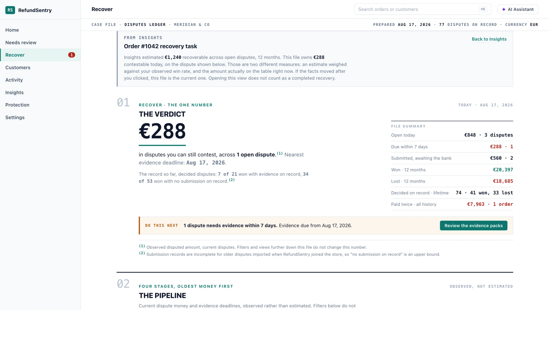The Recover file: the amount still contestable, the nearest evidence deadline, and the dispute pipeline