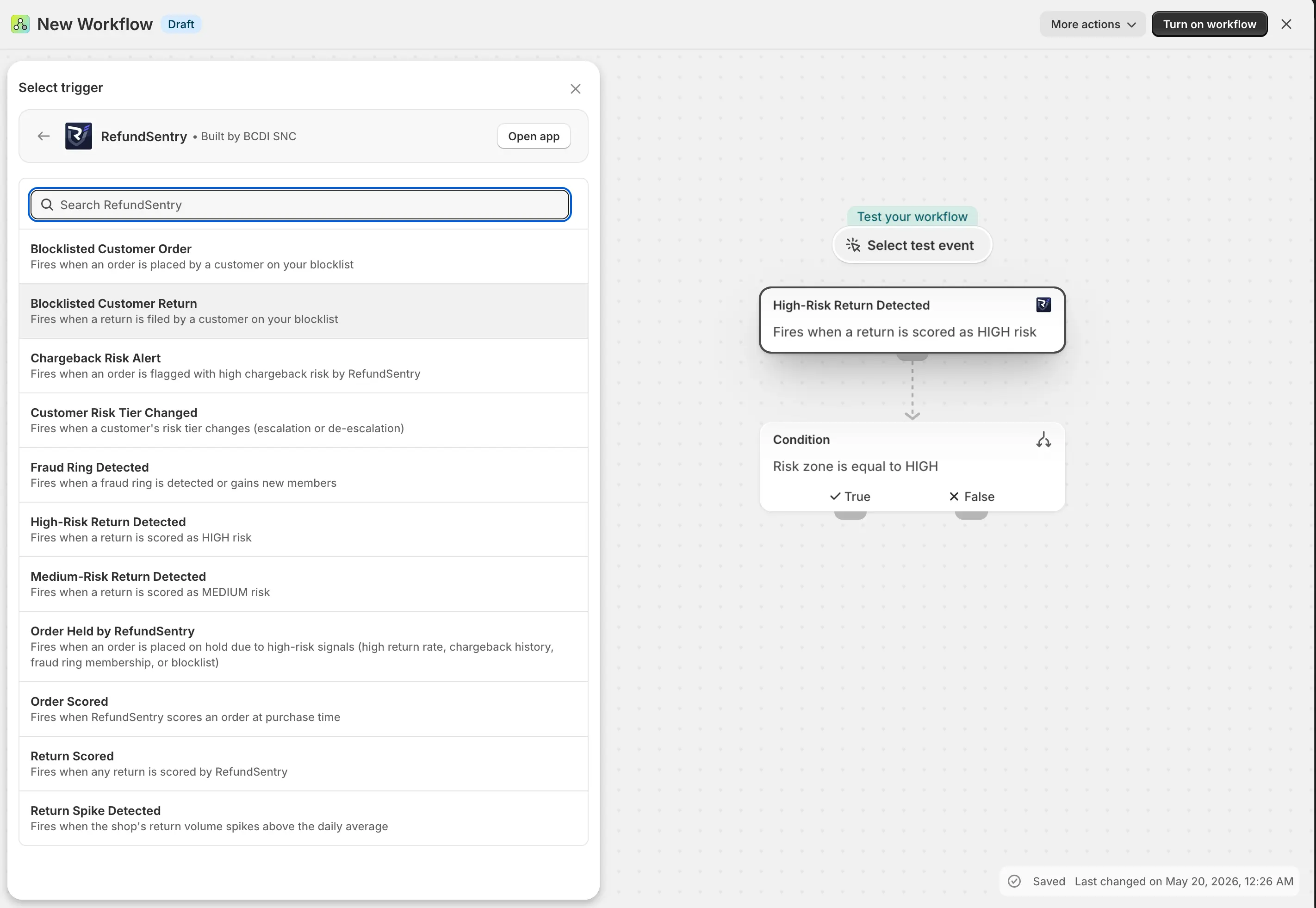 Shopify Flow editor with the trigger picker open on RefundSentry's custom triggers including Blocklisted Customer Order, High-Risk Return Detected, Order Scored, Fraud Ring Detected, Chargeback Risk Alert, Customer Risk Tier Changed, Return Spike Detected, and Order Held by RefundSentry, with a workflow being built that wires High-Risk Return Detected into a Condition checking Risk zone is equal to HIGH